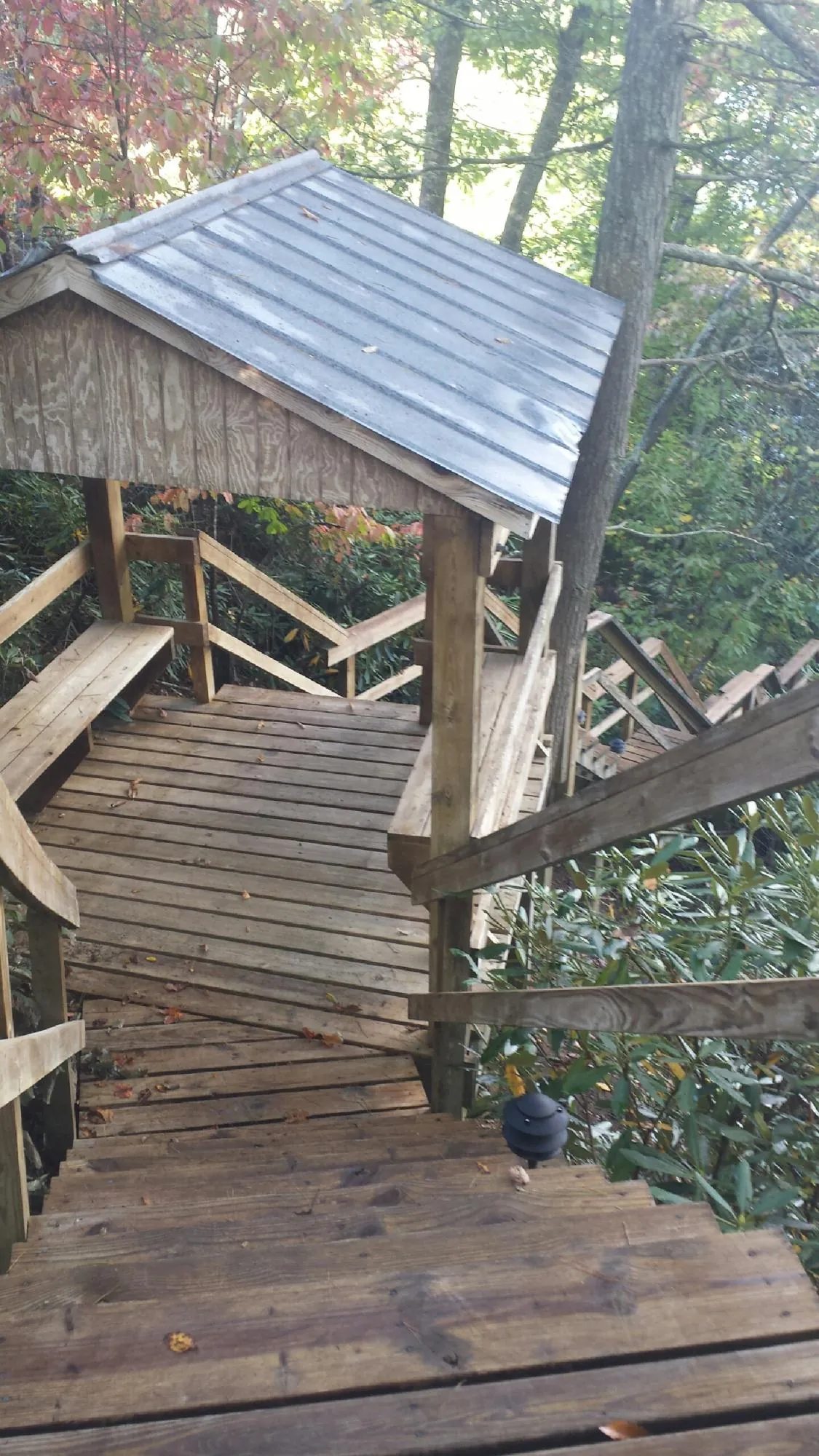 Metal roofed shelter over wooden steps on a wooded walkway — Skylight Repair & Installation work by our crew in Scottsboro